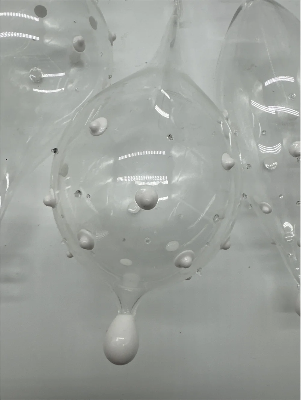 4 vintage Hand Blown, teardrop,  Christmas ornaments,Clear glass With White Dots